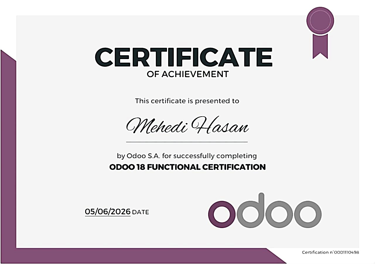 Odoo 18 Functional Certification, issued by Odoo S.A. to Mehedi Hasan, certificate number 0001110498