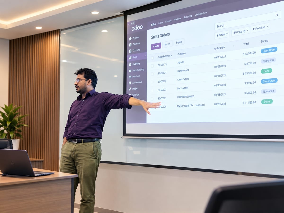 Mehedi Hasan leading a hands-on Odoo user training session, presenting the Sales Orders screen